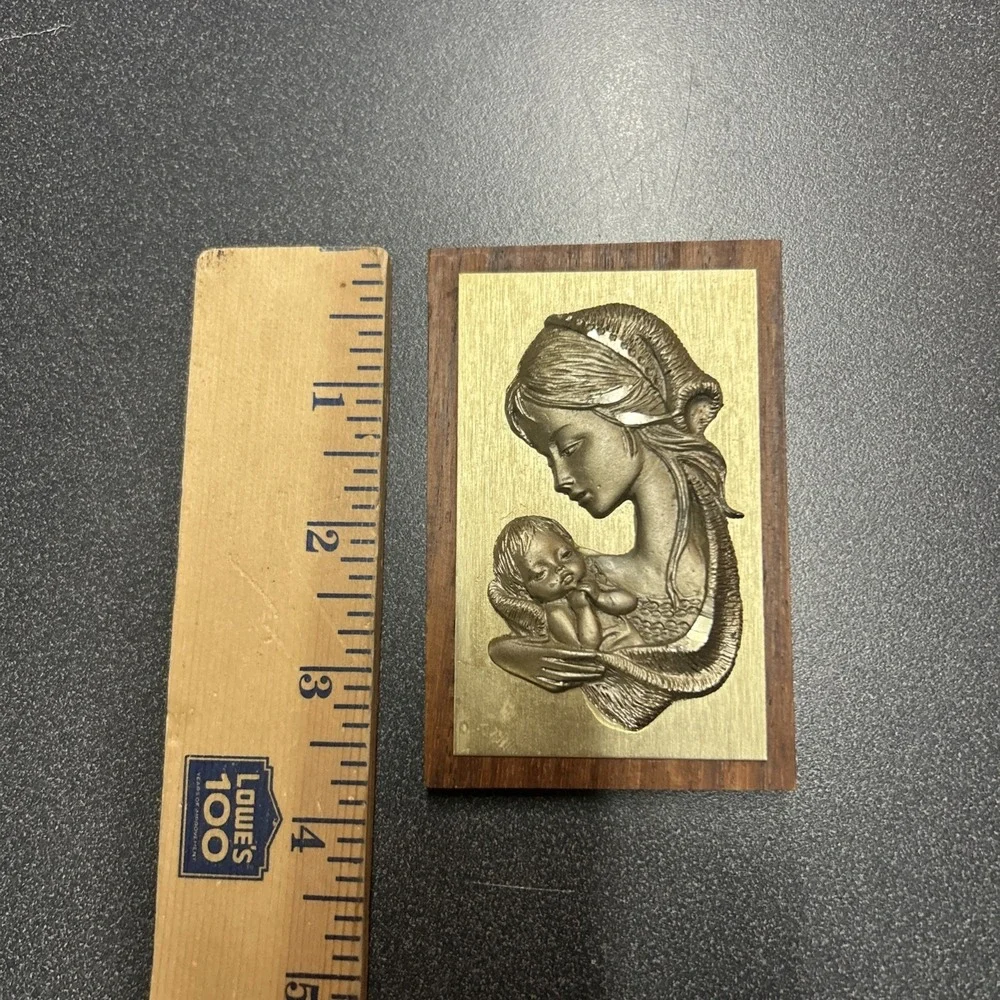 Vintage Virgin Mary Jesus Teak sterling silver dimensional picture and frame MCM